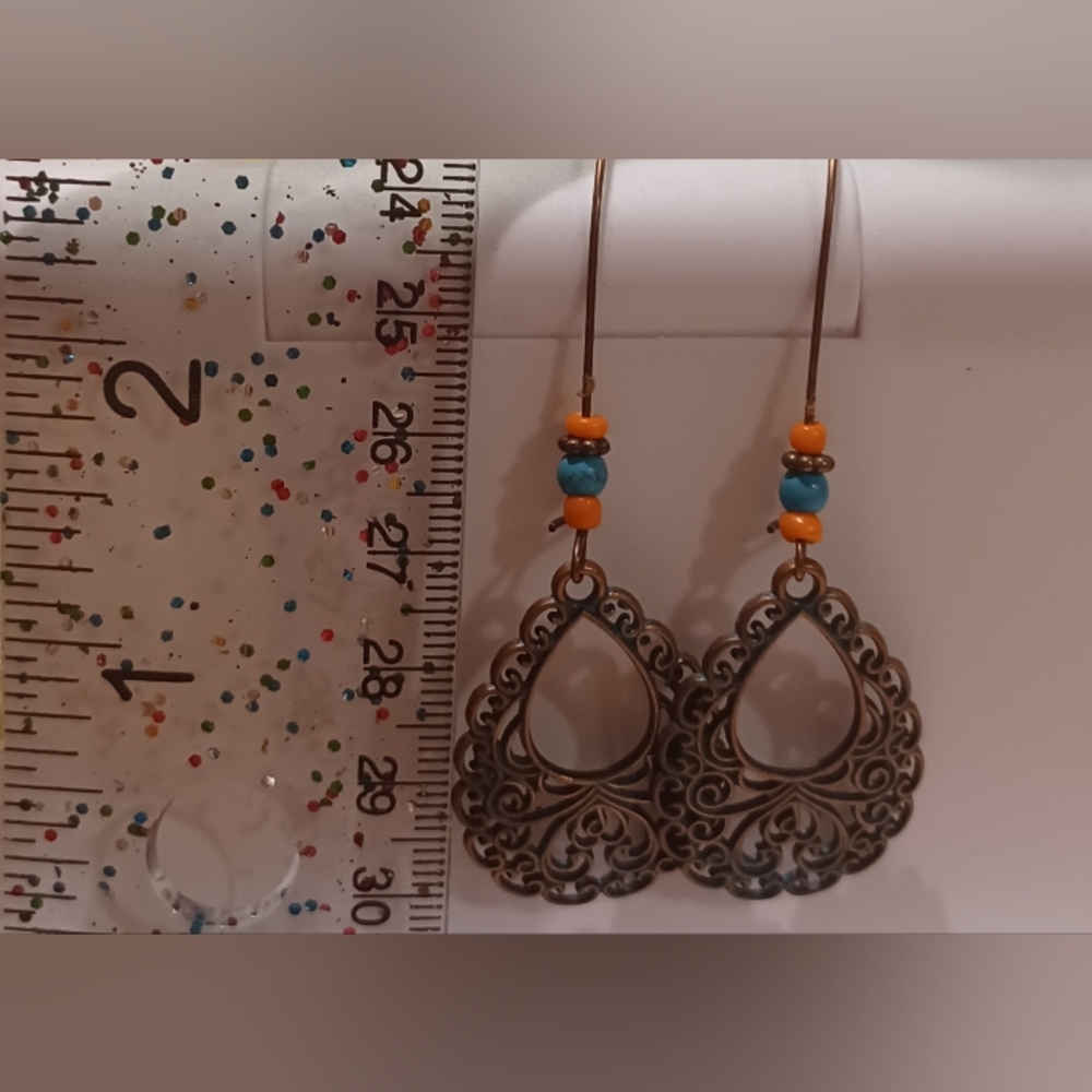 Boho Patina Copper and Turquoise Drop Earrings - Picture 3 of 3